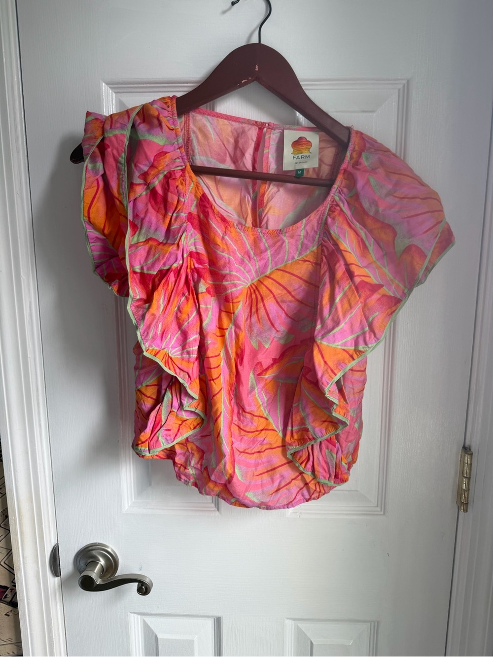 FARM Rio Pink & Orange Ruffle Sleeve Women's Top M